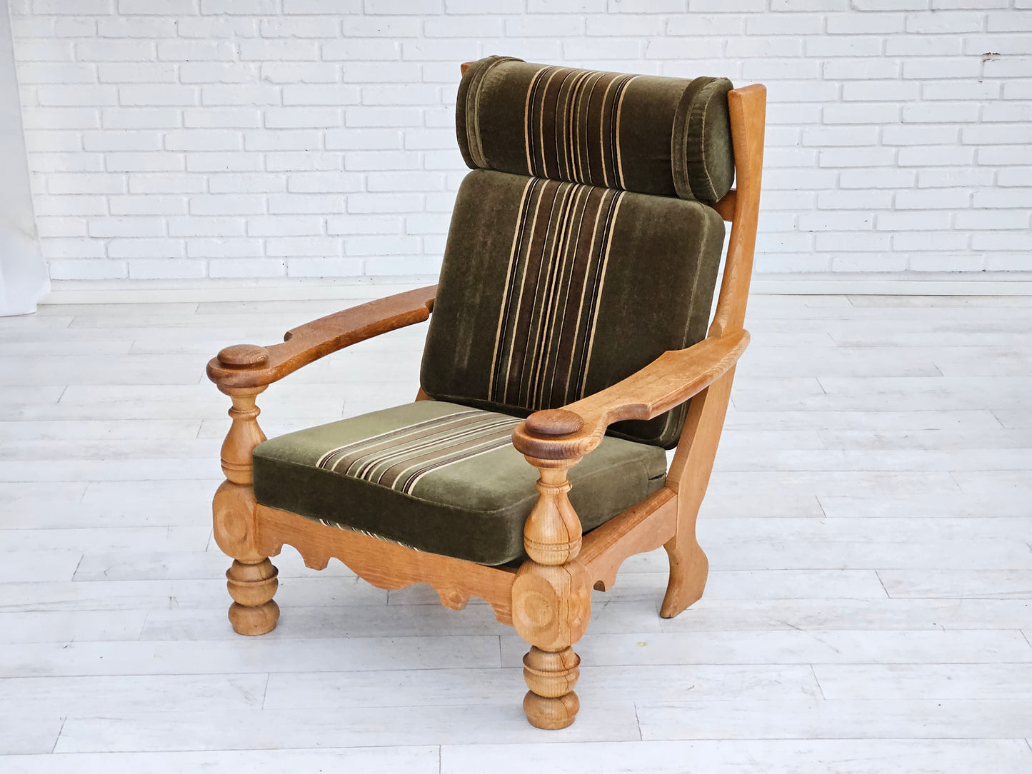 1970s, Danish highback armchair, original condition, velour, solid oak wood.