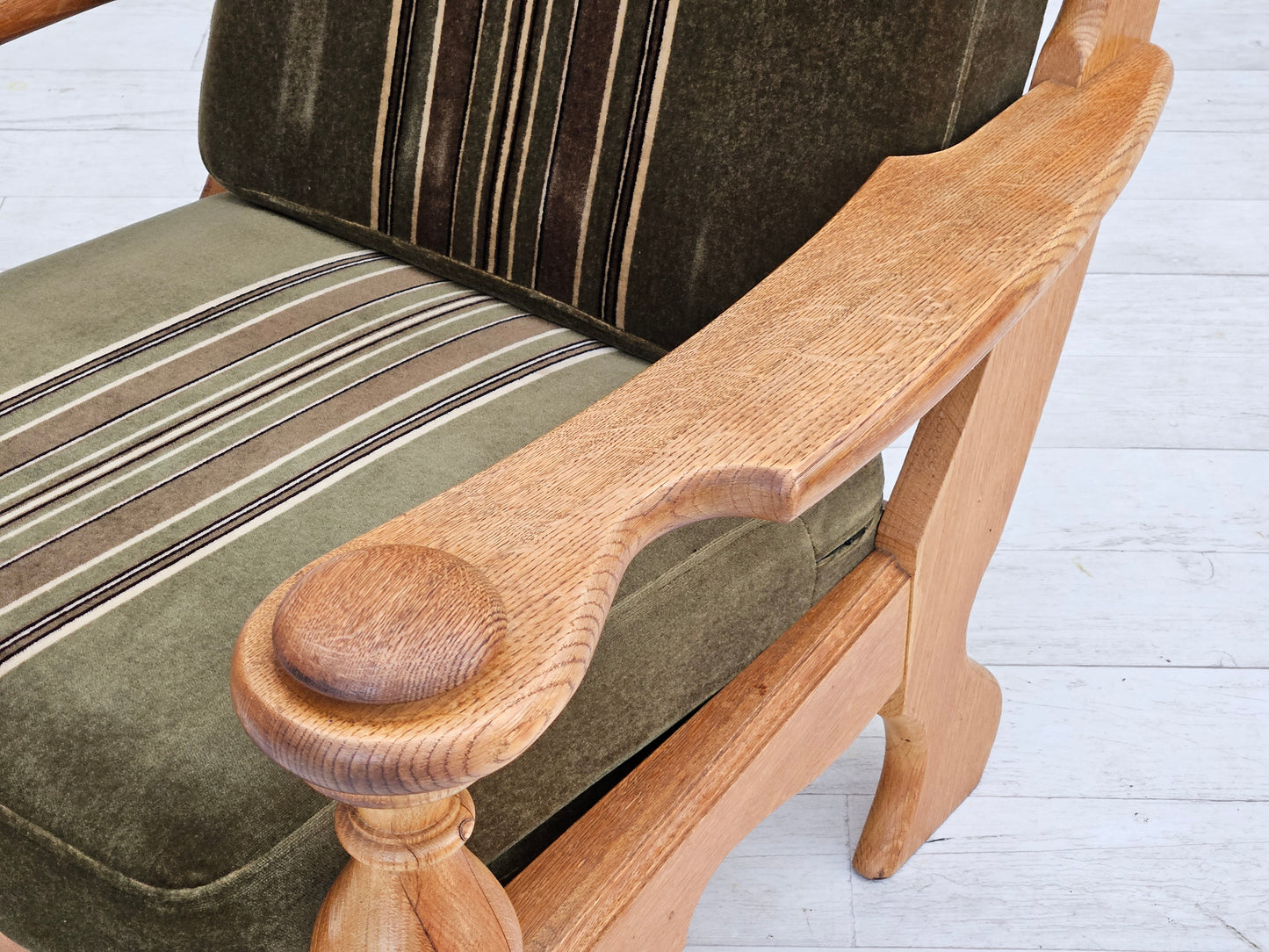 1970s, Danish highback armchair, original condition, velour, solid oak wood.