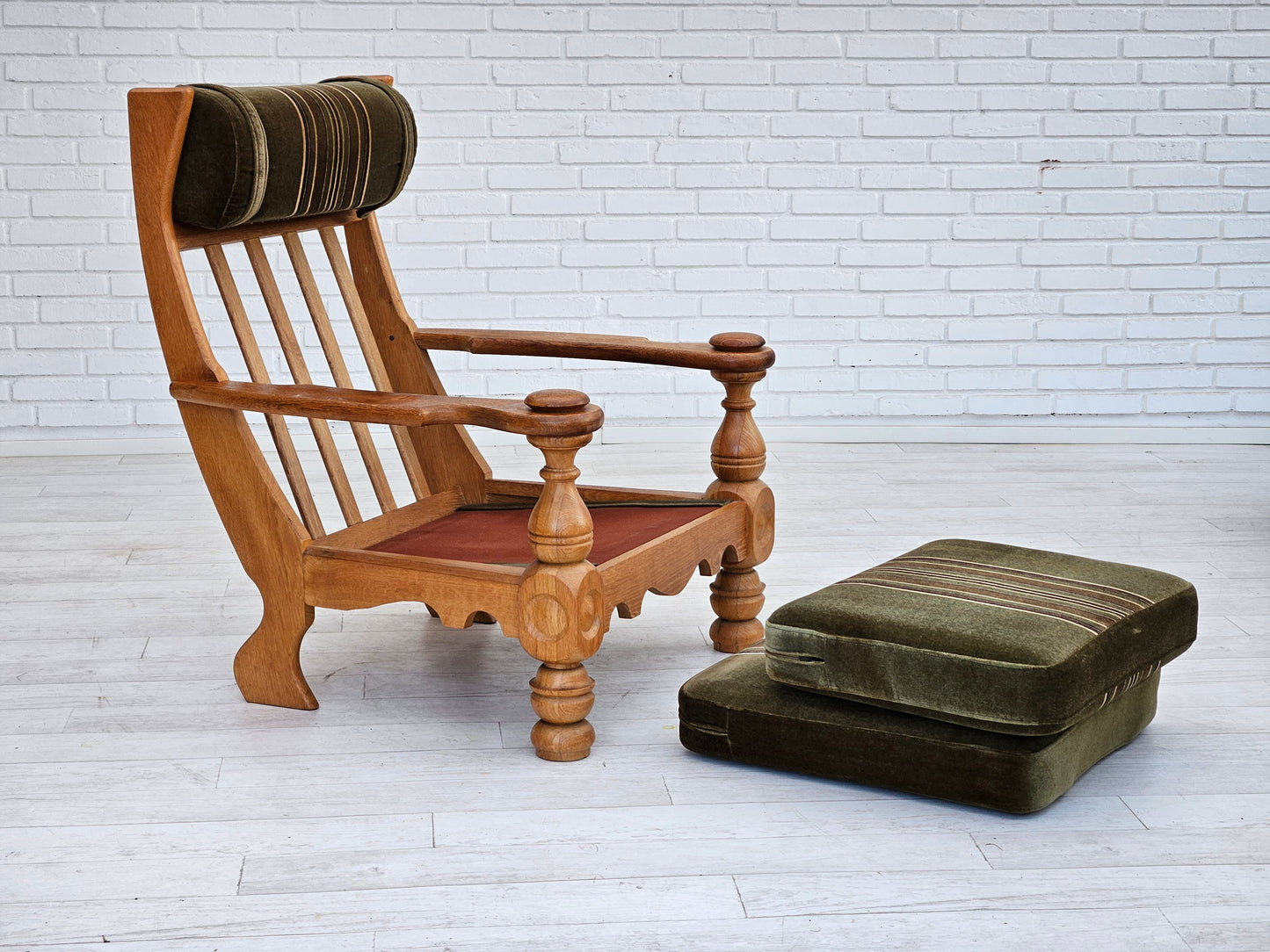 1970s, Danish highback armchair, original condition, velour, solid oak wood.