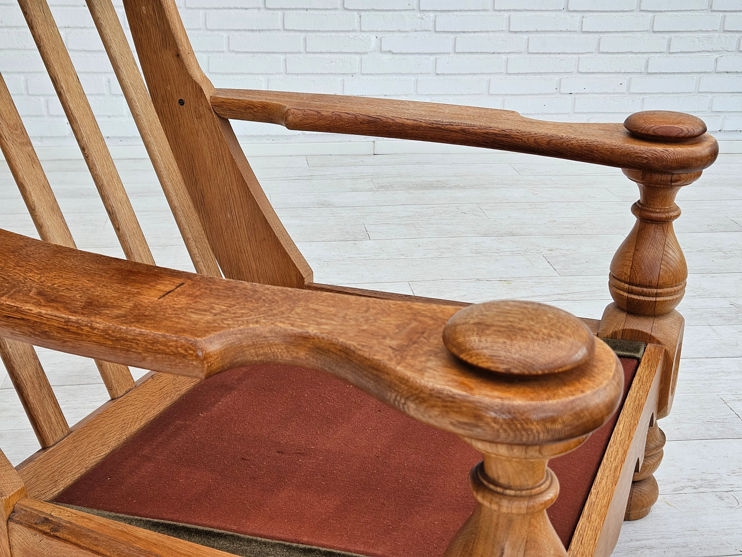 1970s, Danish highback armchair, original condition, velour, solid oak wood.