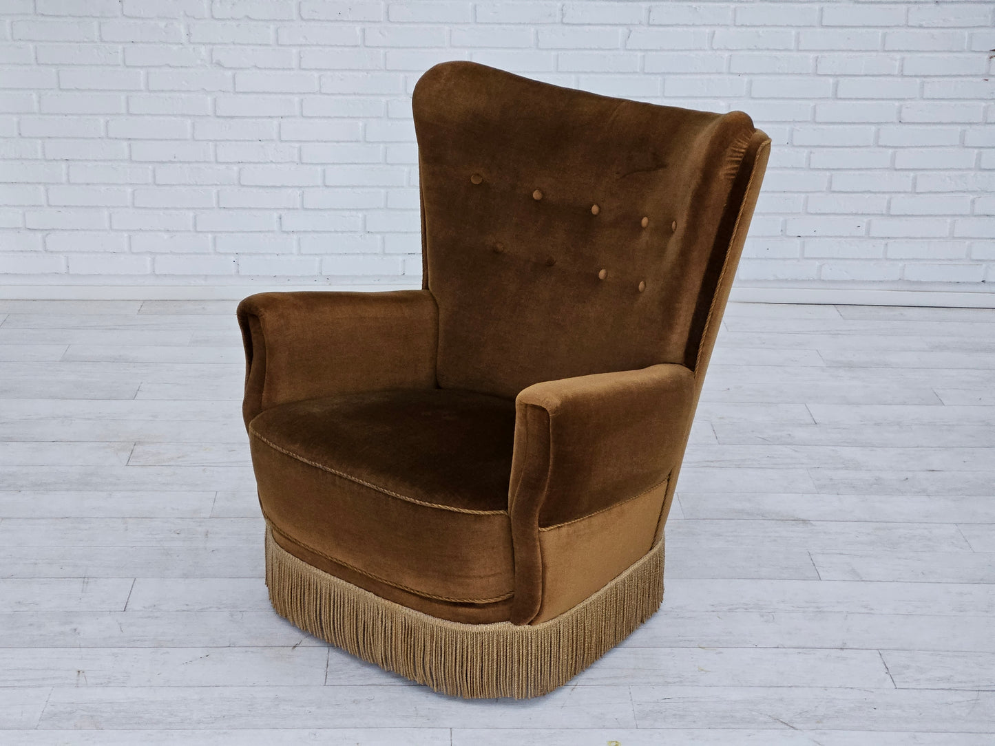 1960s, Danish highback relax chair, original upholstery, green velour.