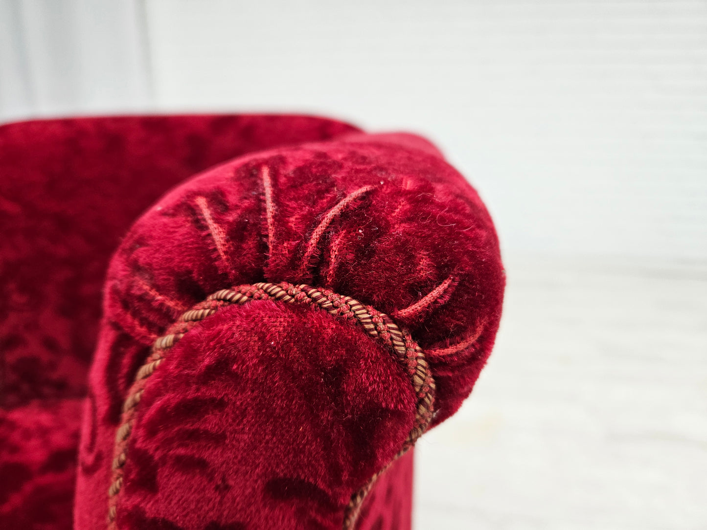 1950s, Danish vintage chair, red cotton/wool fabric, beech wood.