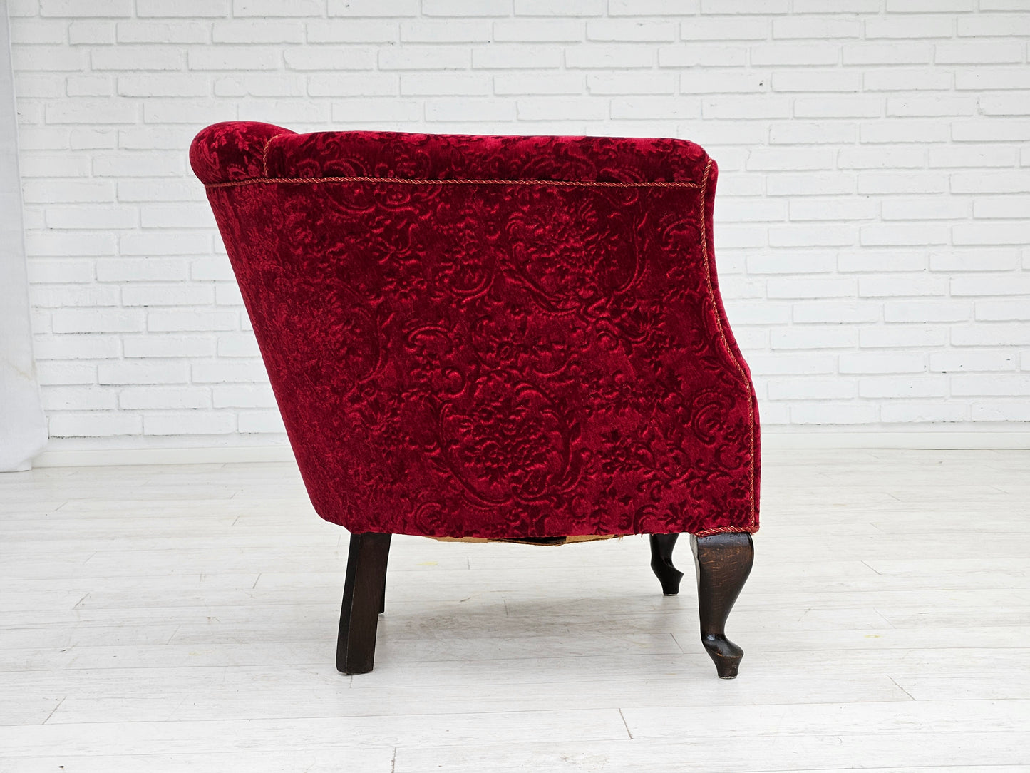 1950s, Danish vintage chair, red cotton/wool fabric, beech wood.