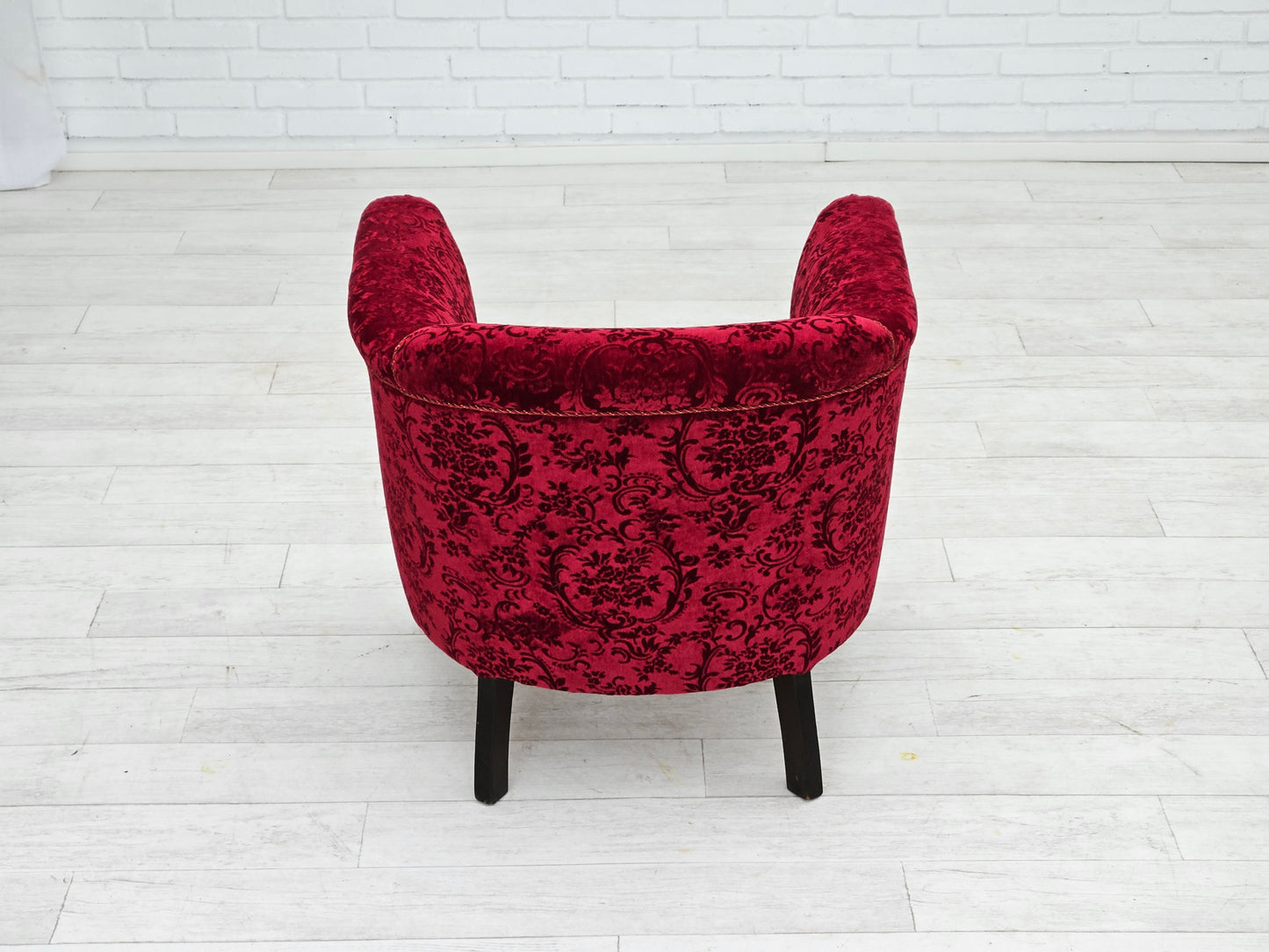 1950s, Danish vintage chair, red cotton/wool fabric, beech wood.