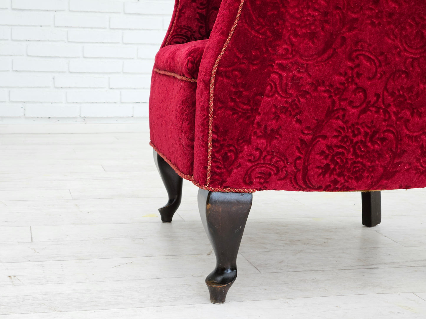 1950s, Danish vintage chair, red cotton/wool fabric, beech wood.