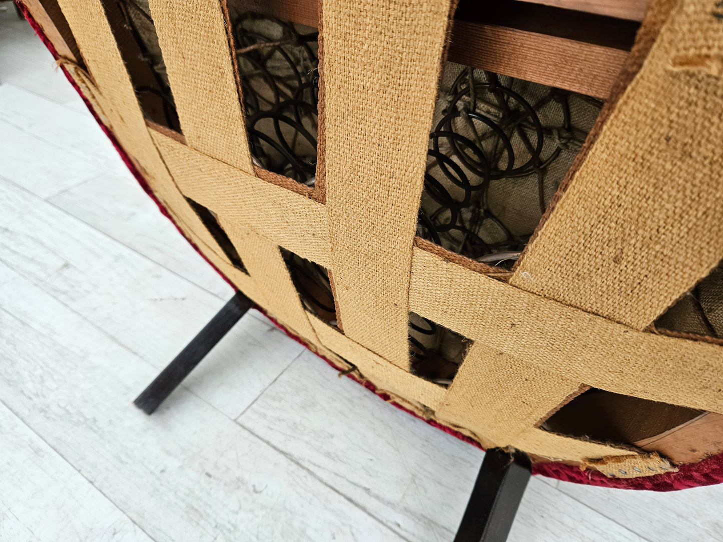 1950s, Danish vintage chair, red cotton/wool fabric, beech wood.