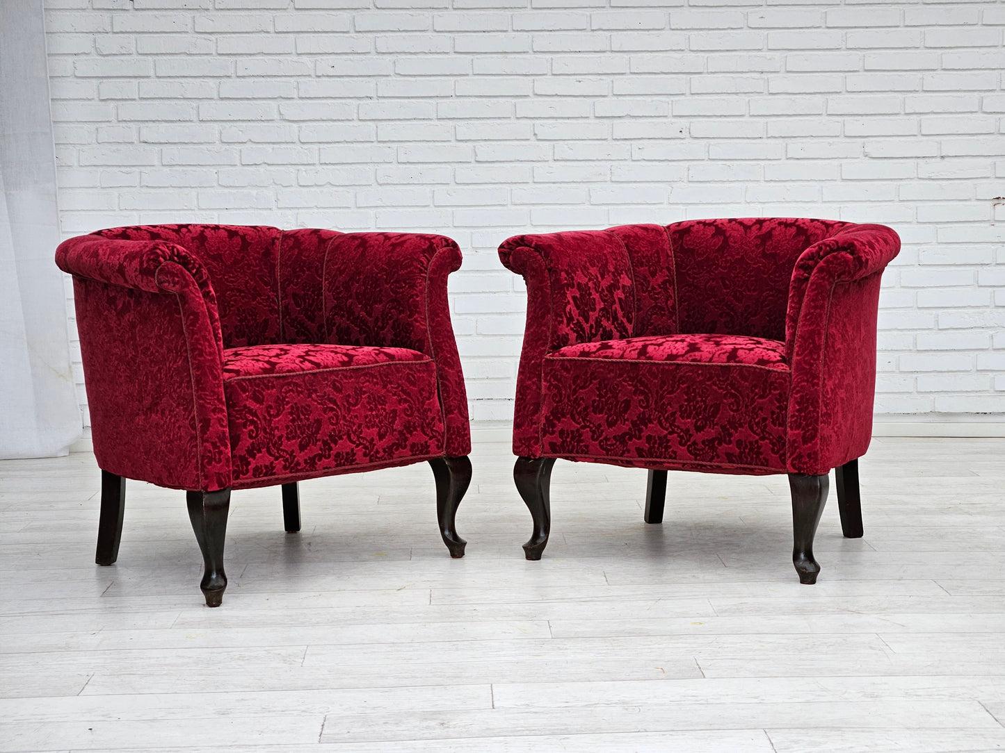 1950s, pair of Danish lounge chairs, red cotton/wool fabric, beech wood.