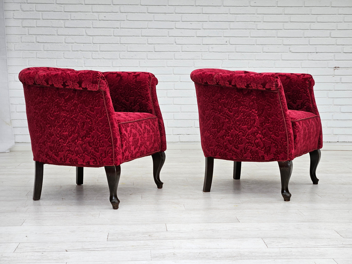 1950s, pair of Danish lounge chairs, red cotton/wool fabric, beech wood.