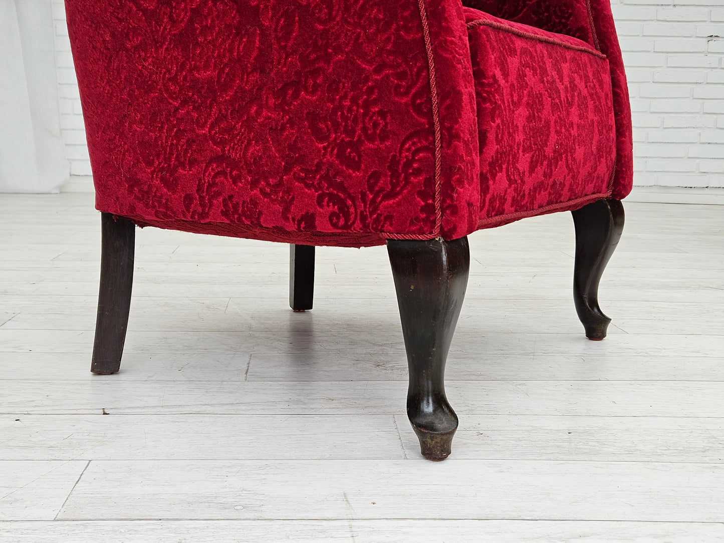 1950s, pair of Danish lounge chairs, red cotton/wool fabric, beech wood.