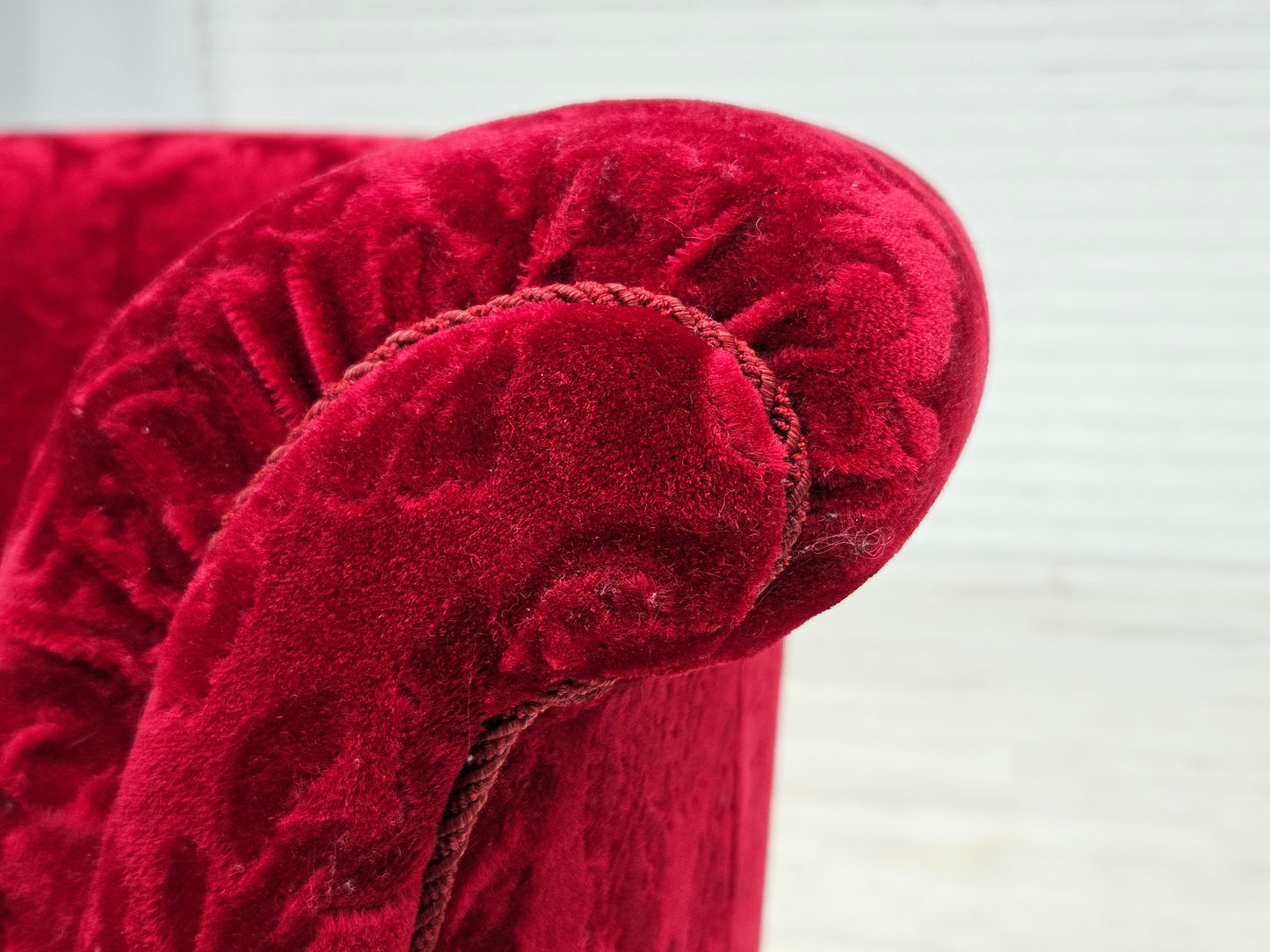 1950s, pair of Danish lounge chairs, red cotton/wool fabric, beech wood.