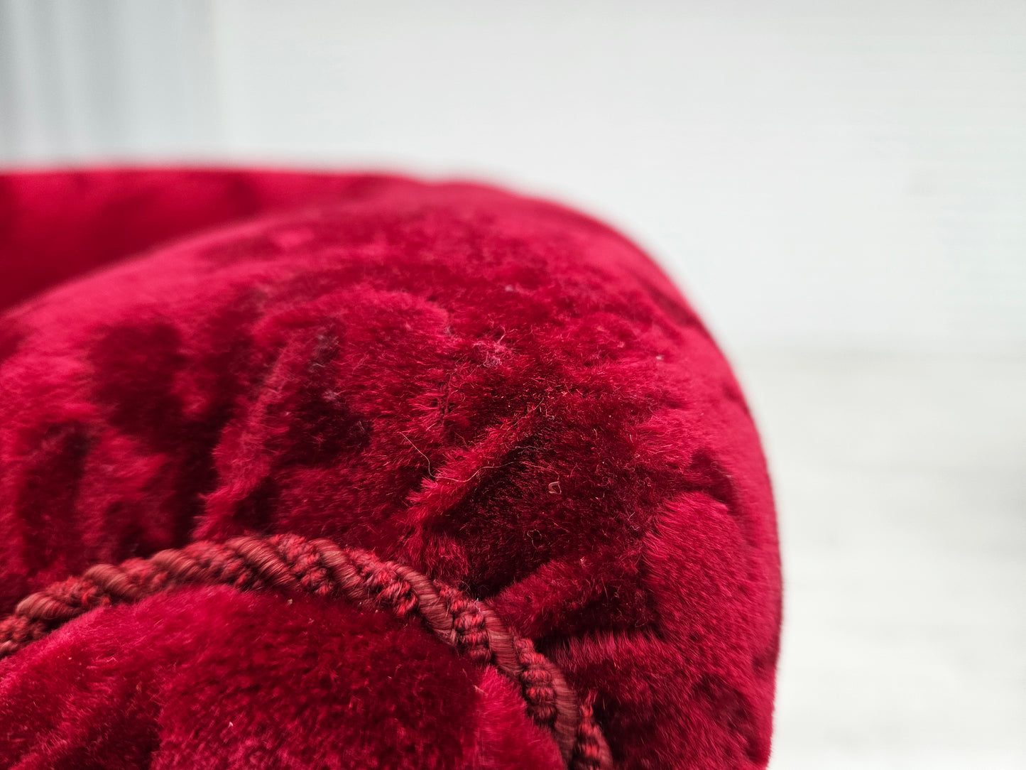 1950s, pair of Danish lounge chairs, red cotton/wool fabric, beech wood.