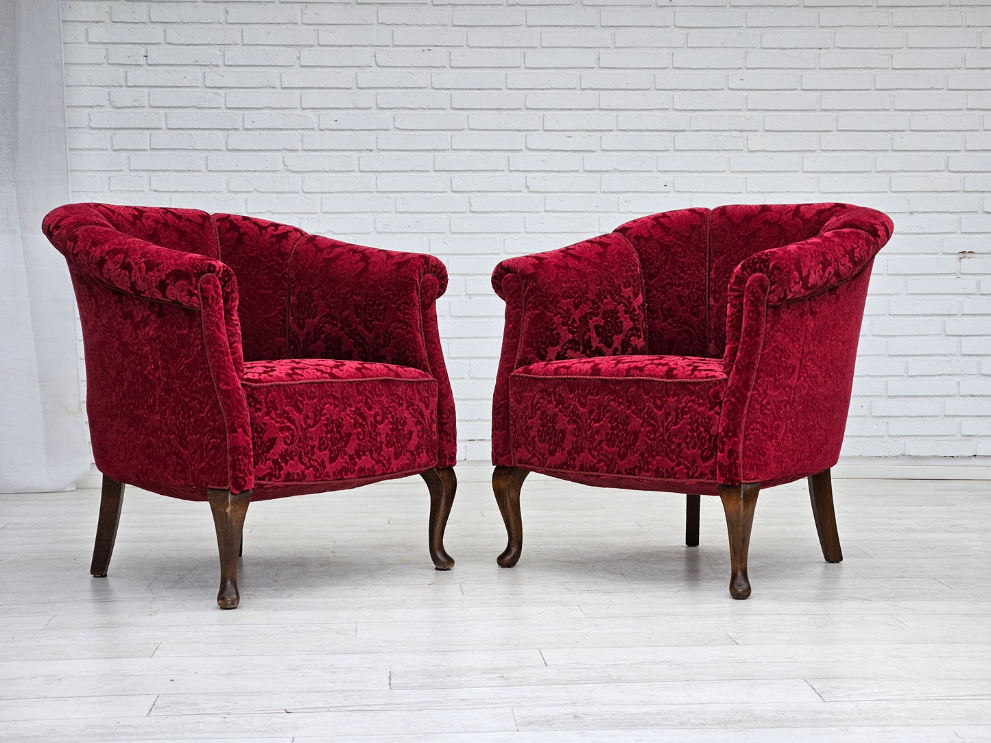 1950s, pair of Danish lounge chairs, red cotton/wool fabric.