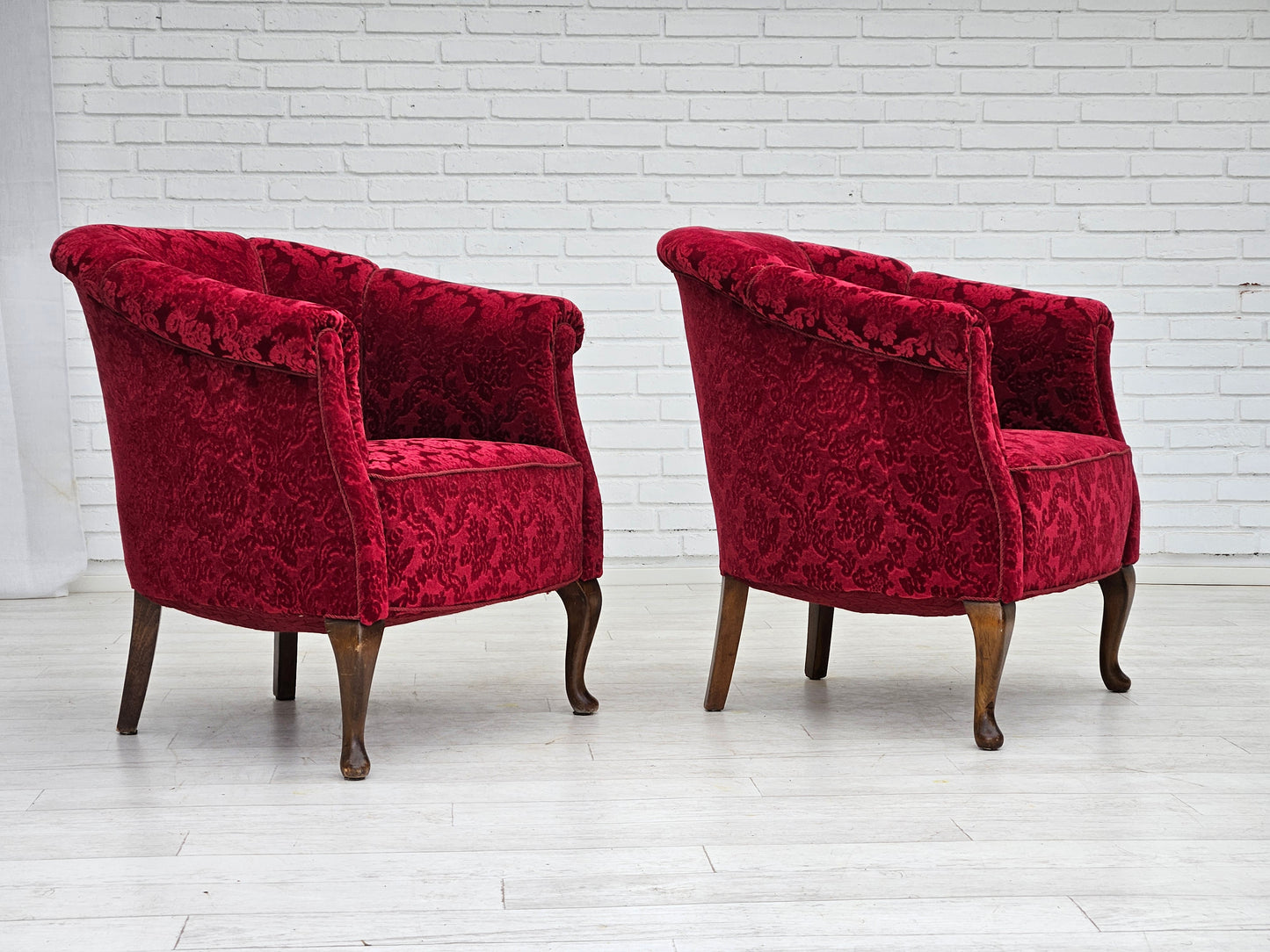 1950s, pair of Danish lounge chairs, red cotton/wool fabric.