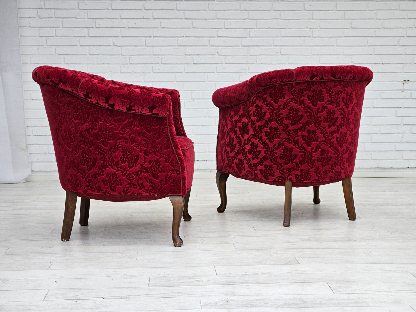 1950s, pair of Danish lounge chairs, red cotton/wool fabric.