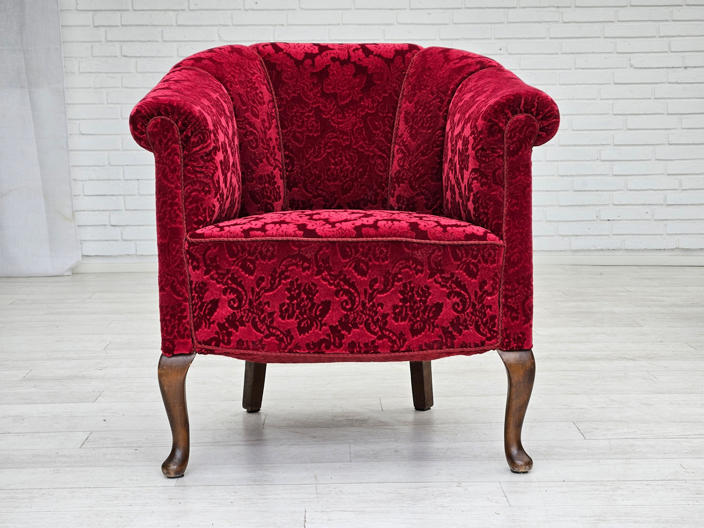 1950s, pair of Danish lounge chairs, red cotton/wool fabric.