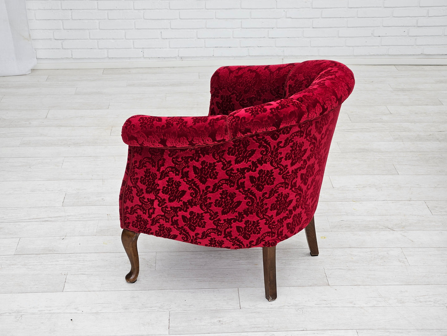 1950s, pair of Danish lounge chairs, red cotton/wool fabric.