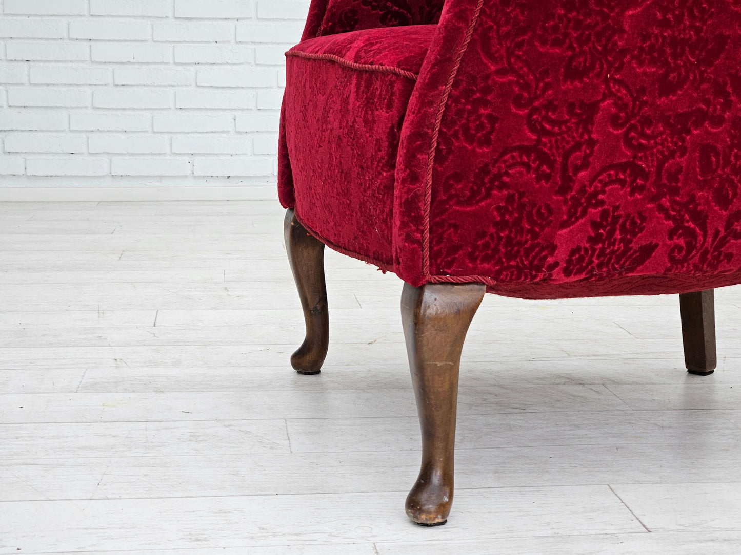 1950s, pair of Danish lounge chairs, red cotton/wool fabric.