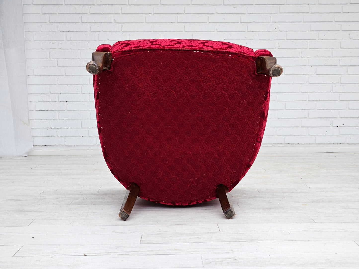 1950s, pair of Danish lounge chairs, red cotton/wool fabric.