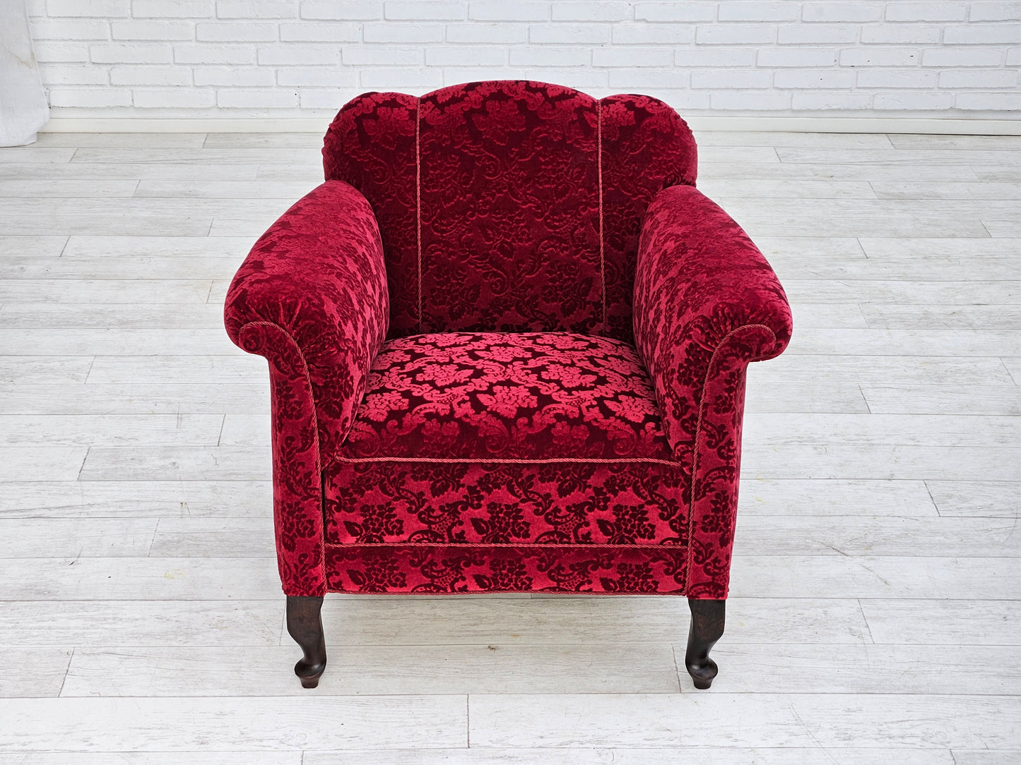 1950s, Danish lounge chair, red cotton/wool fabric, beech wood.