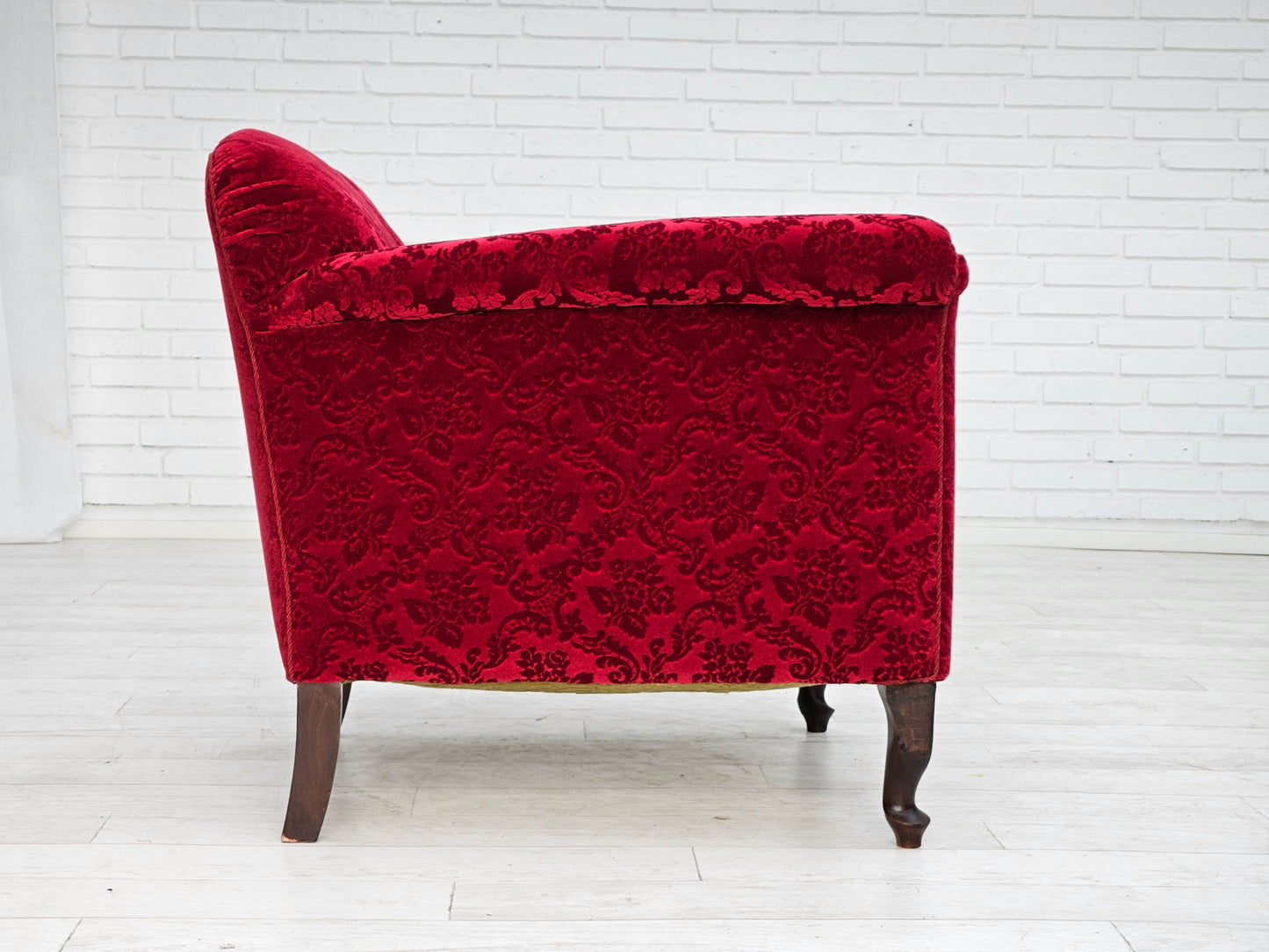 1950s, Danish lounge chair, red cotton/wool fabric, beech wood.