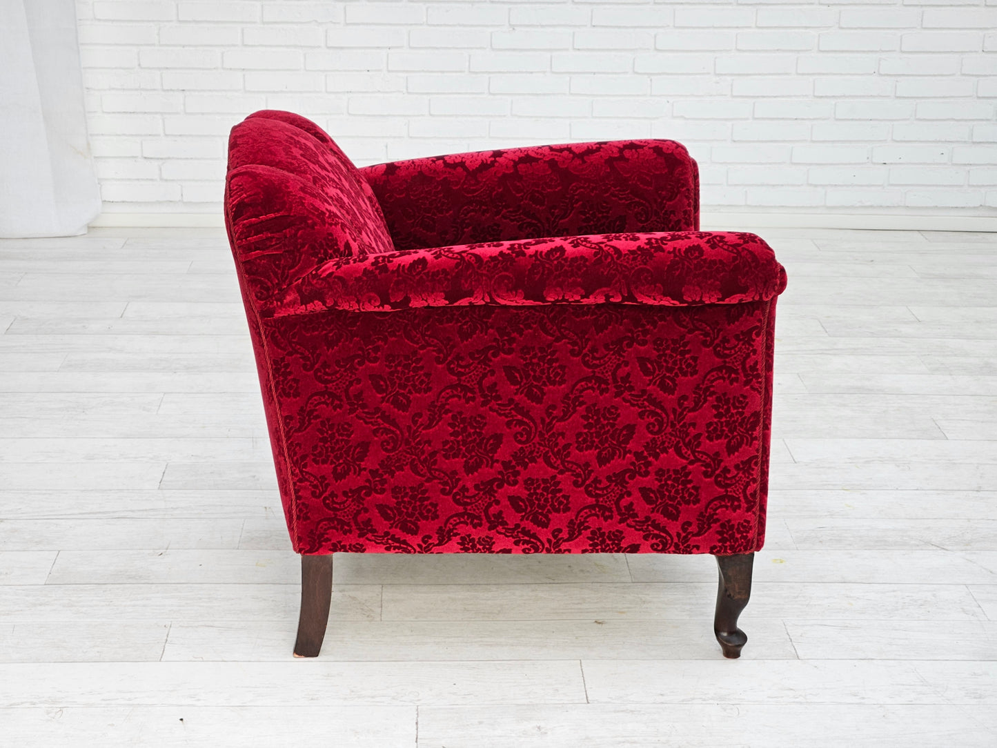 1950s, Danish lounge chair, red cotton/wool fabric, beech wood.