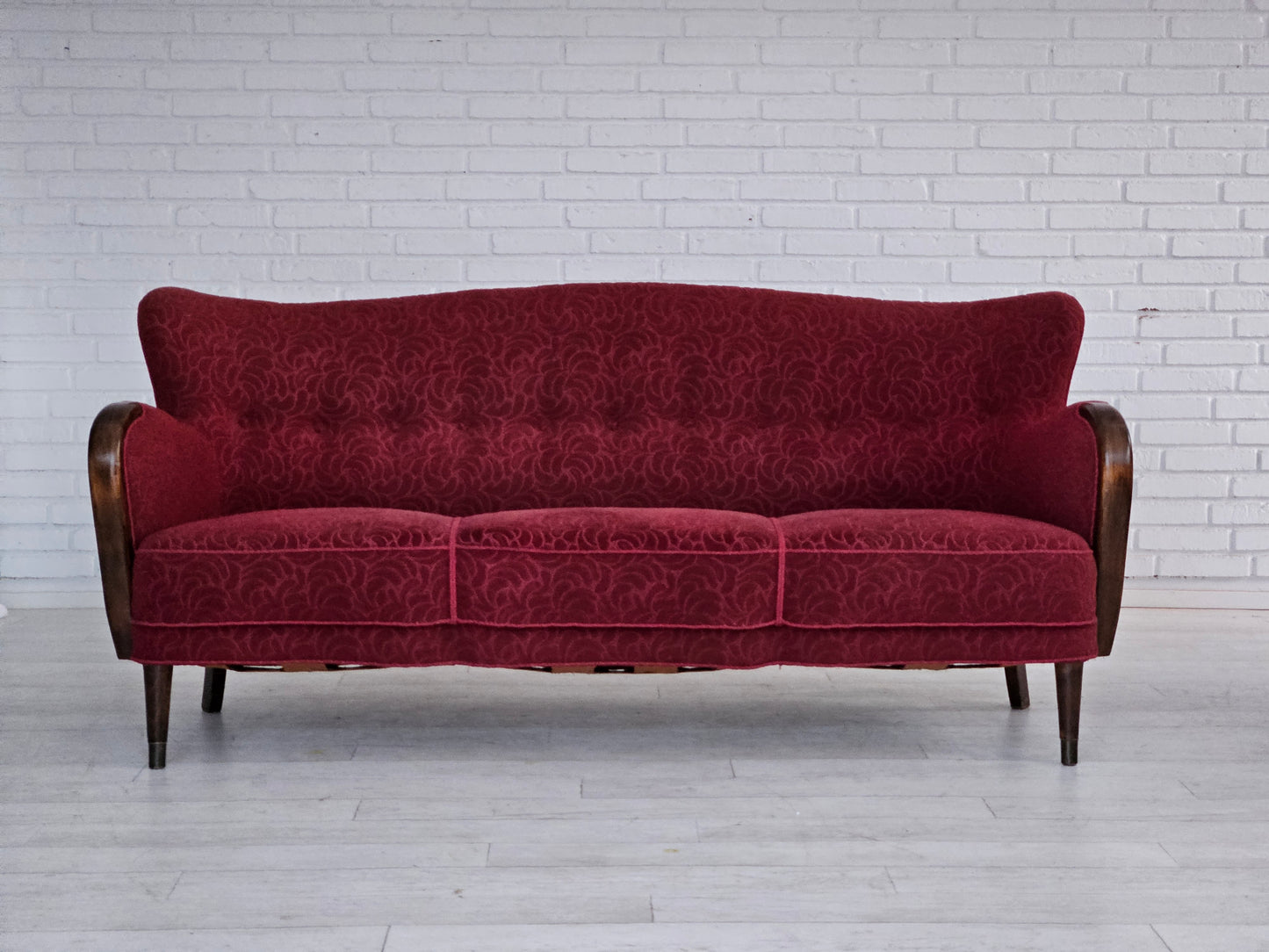 1950-60s, Danish 3-seater sofa, original condition, red cotton/wool, beech wood.