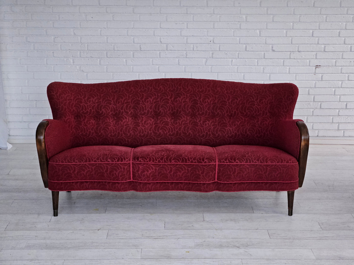 1950-60s, Danish 3-seater sofa, original condition, red cotton/wool, beech wood.