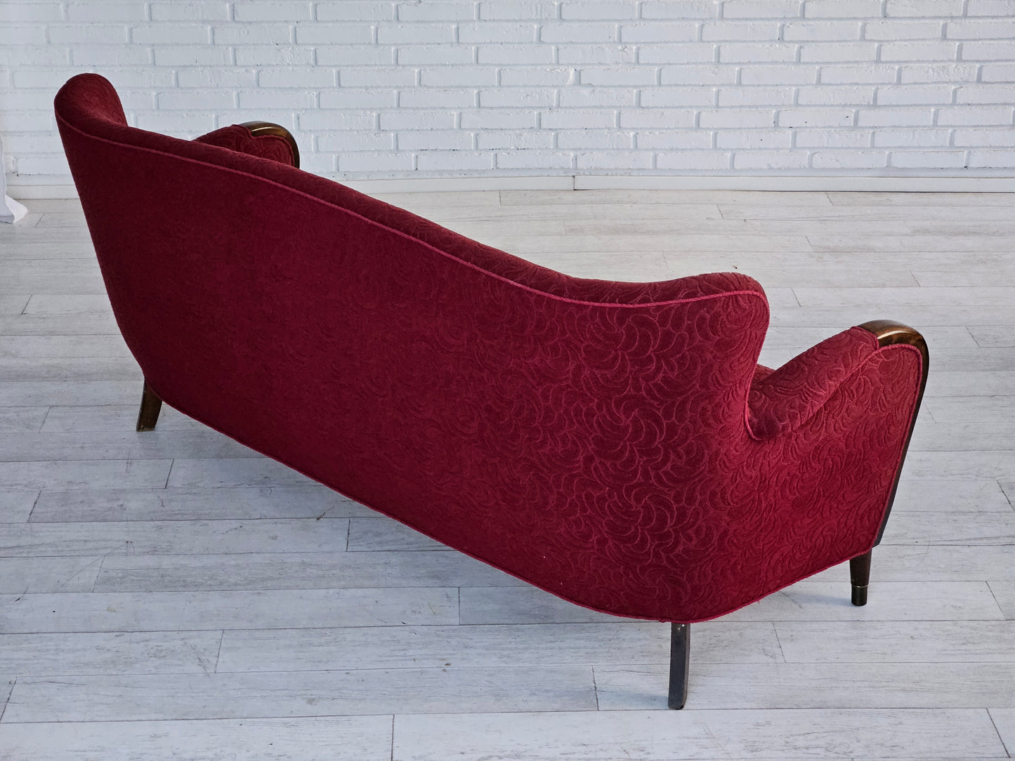 1950-60s, Danish 3-seater sofa, original condition, red cotton/wool, beech wood.