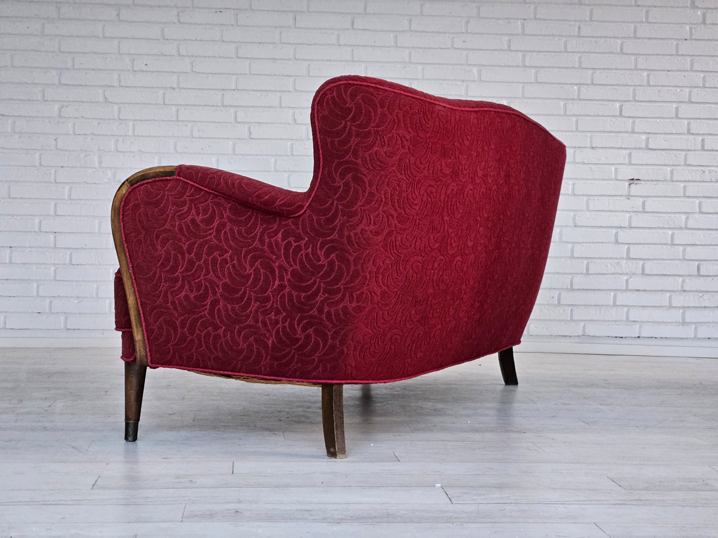 1950-60s, Danish 3-seater sofa, original condition, red cotton/wool, beech wood.