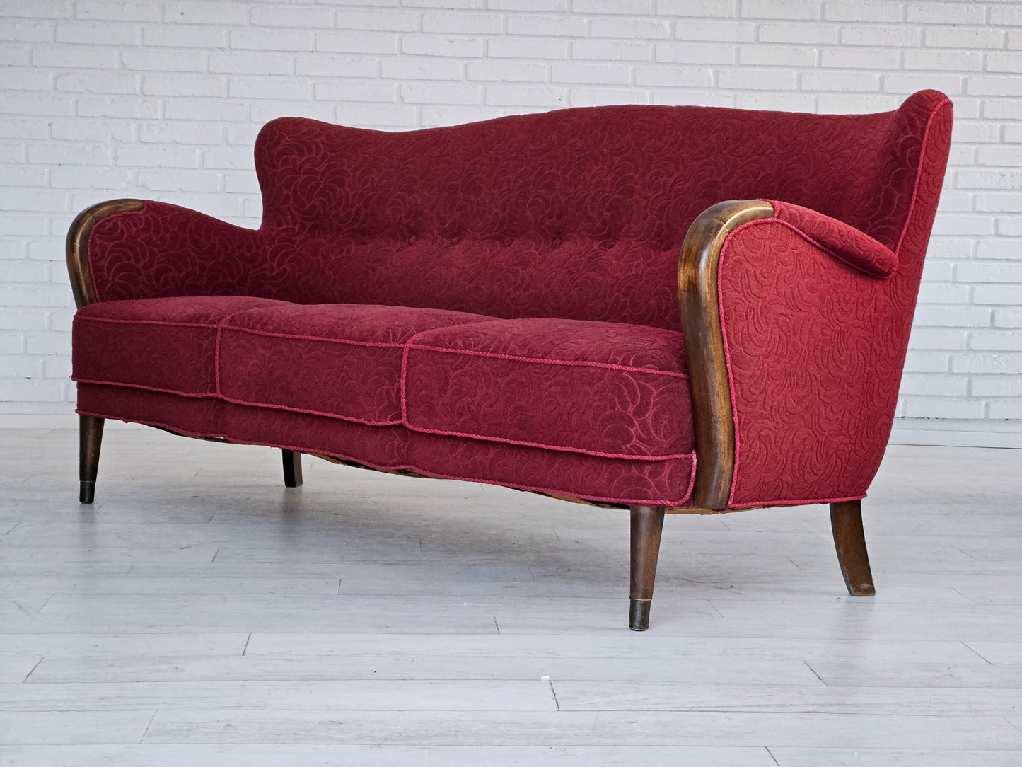 1950-60s, Danish 3-seater sofa, original condition, red cotton/wool, beech wood.