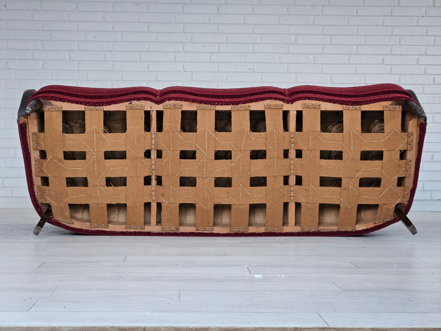 1950-60s, Danish 3-seater sofa, original condition, red cotton/wool, beech wood.