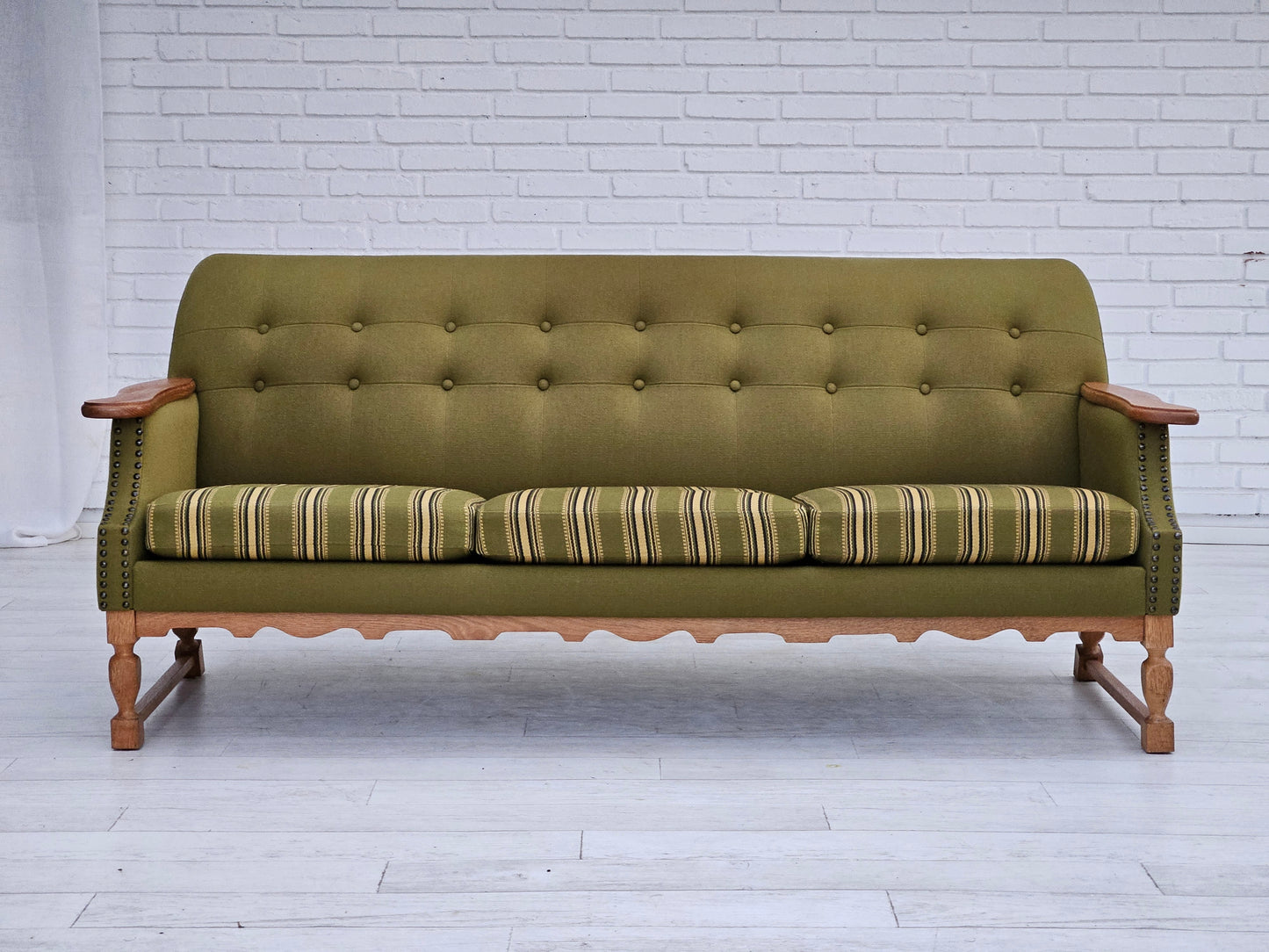 1970s, Danish 3 seater sofa, original very good condition, wool, oak.