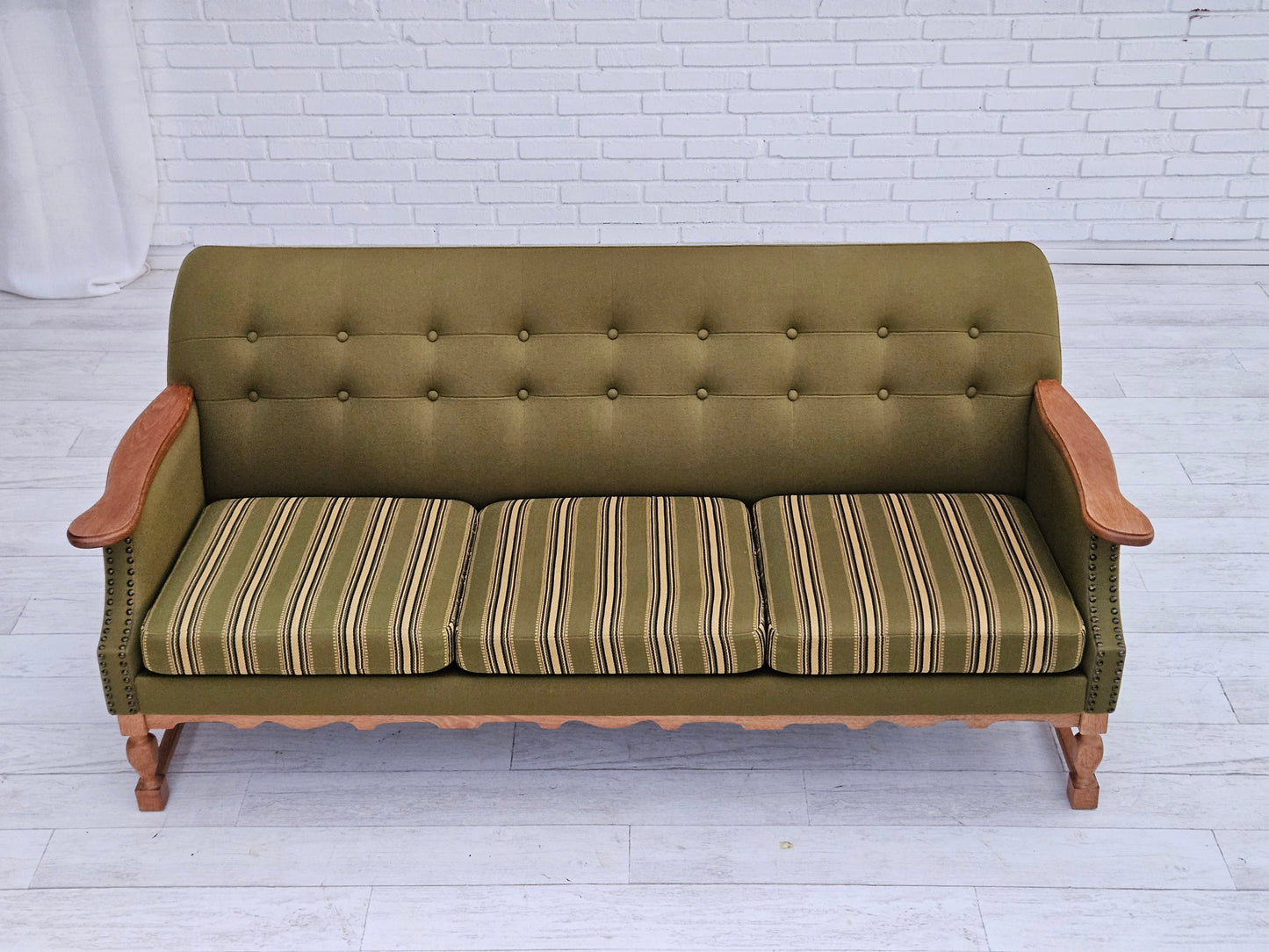 1970s, Danish 3 seater sofa, original very good condition, wool, oak.