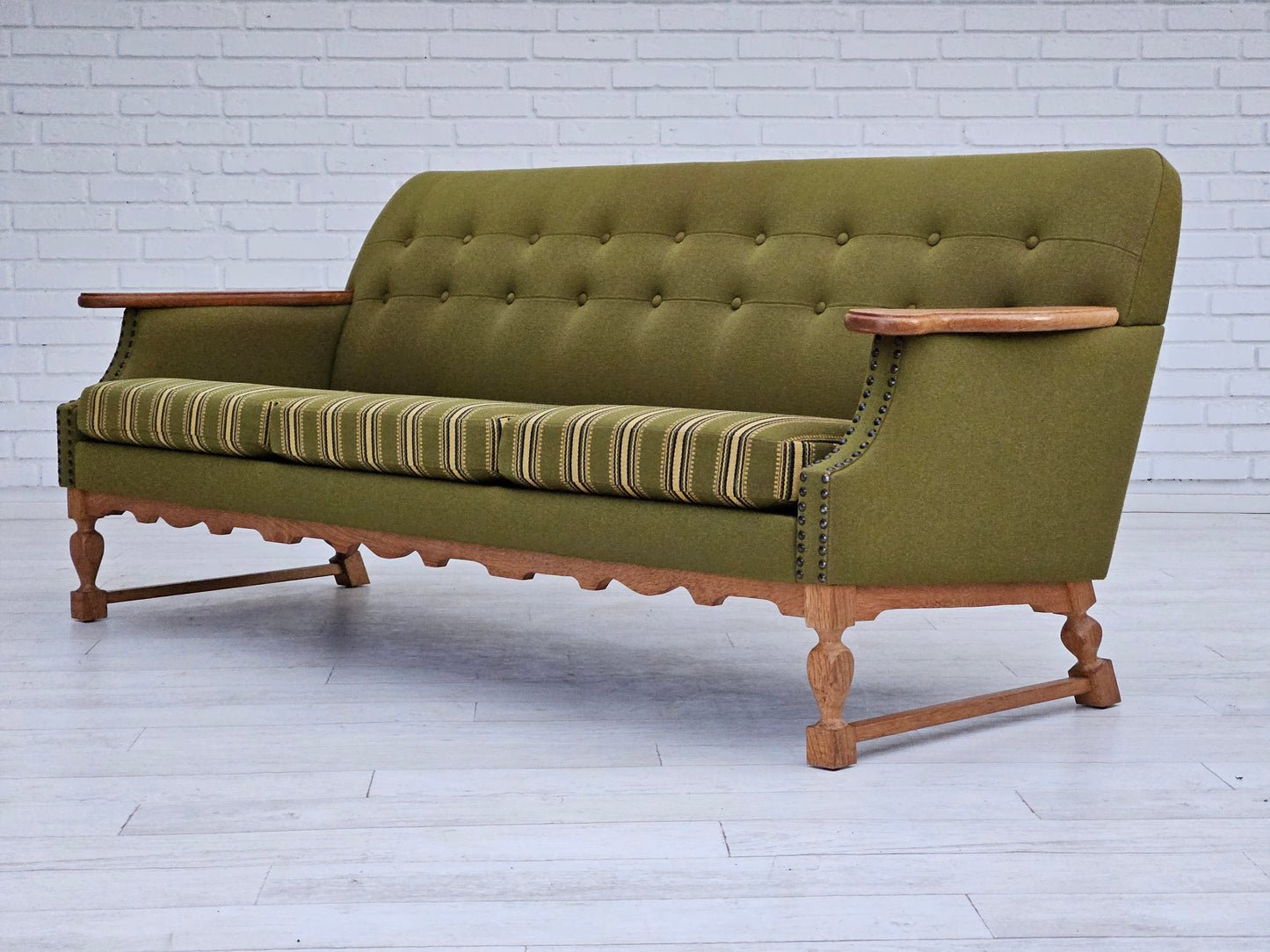 1970s, Danish 3 seater sofa, original very good condition, wool, oak.