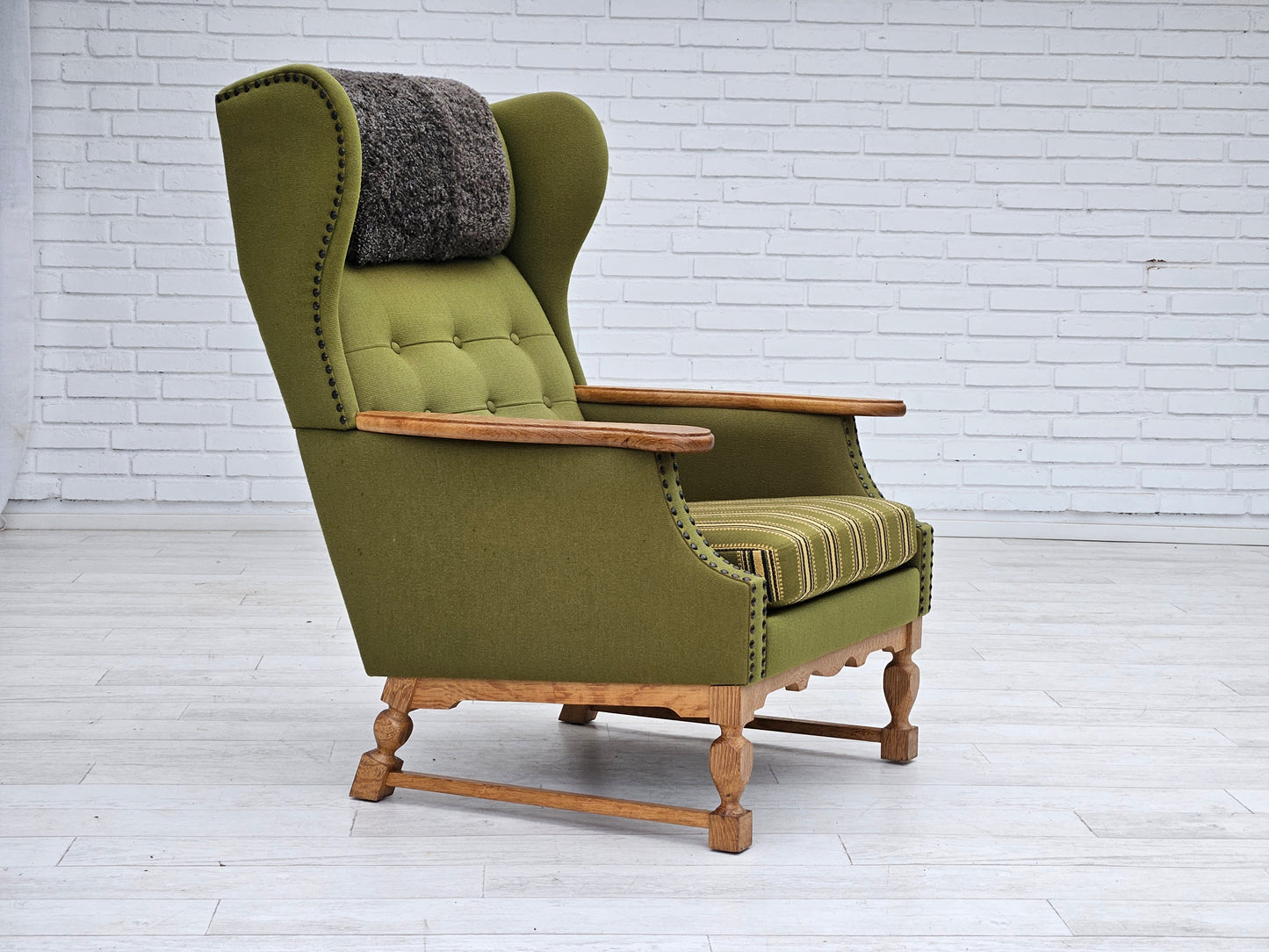 1970s, Danish highback armchair, wool, oak, original very good condition.