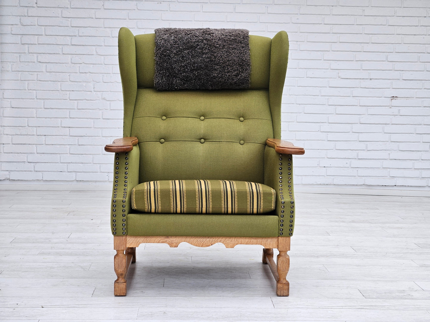 1970s, Danish highback armchair, wool, oak, original very good condition.