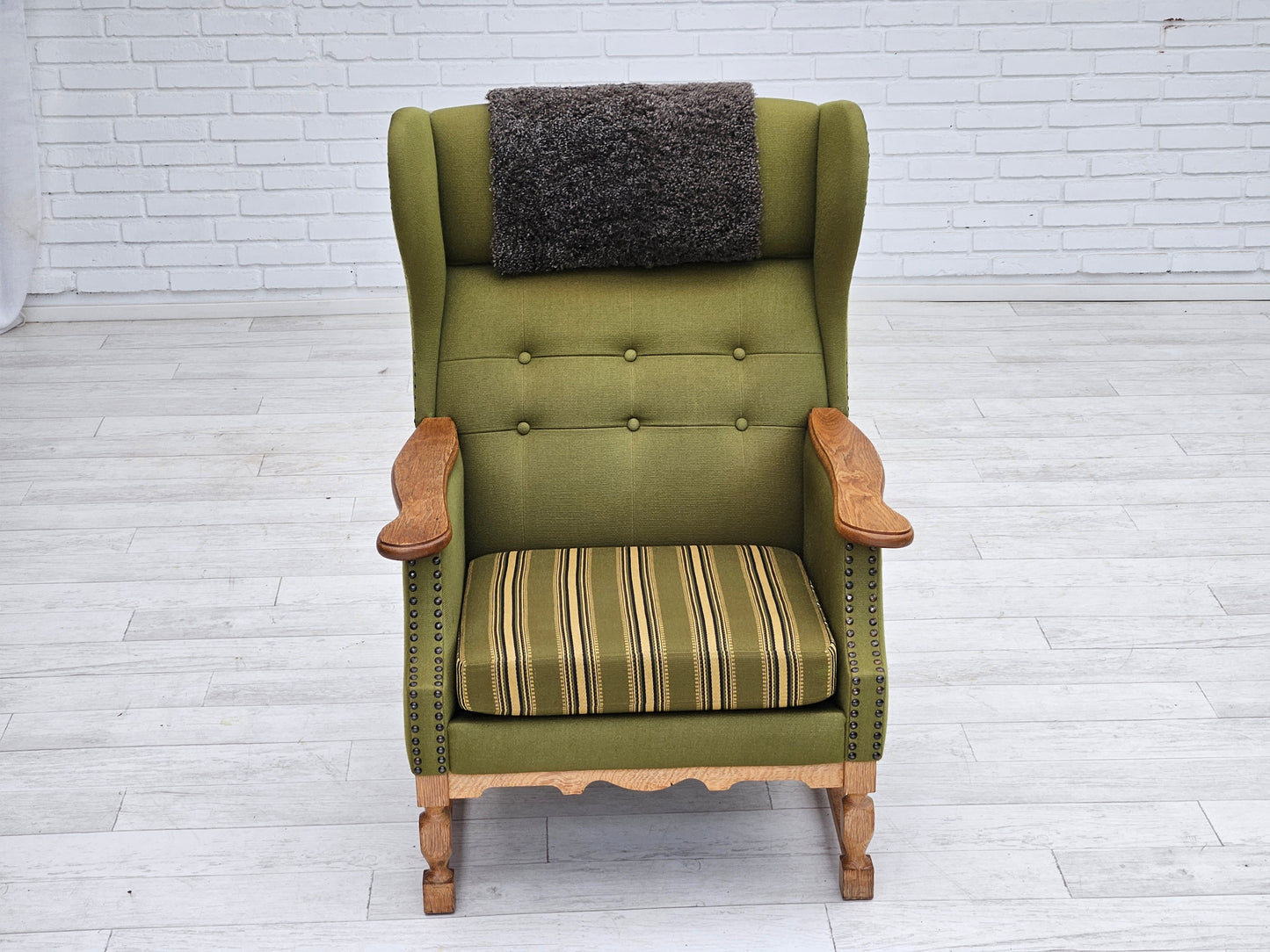 1970s, Danish highback armchair, wool, oak, original very good condition.