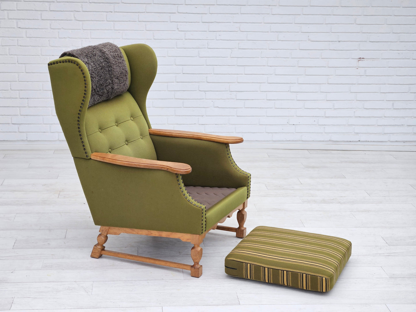 1970s, Danish highback armchair, wool, oak, original very good condition.