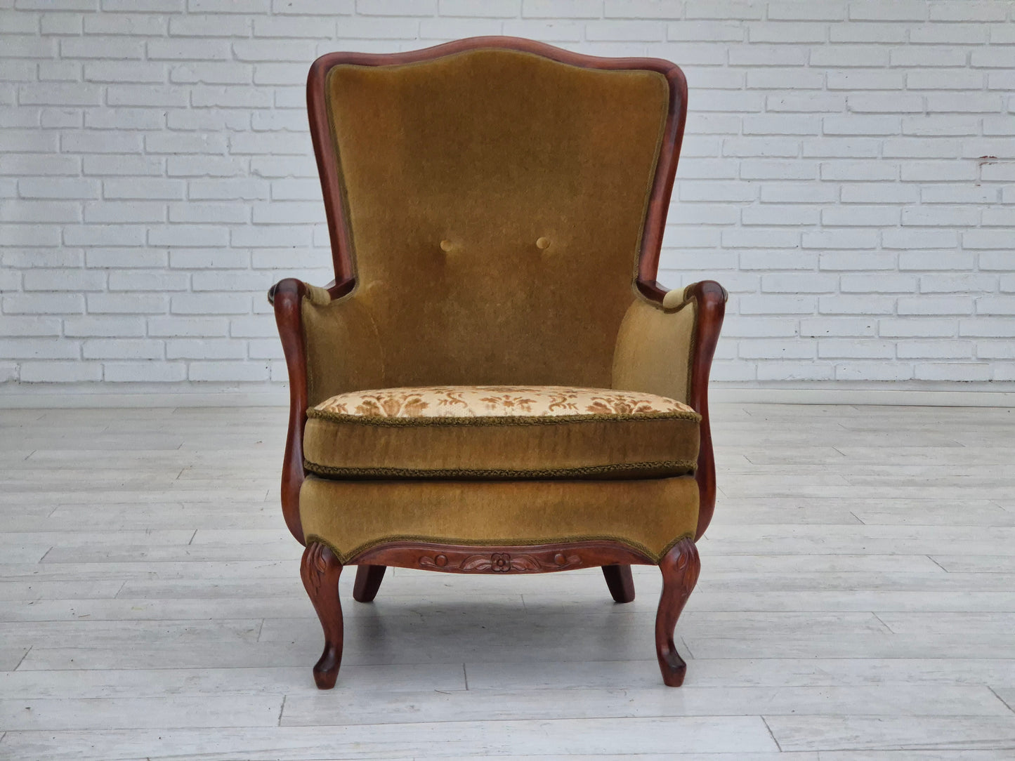 1950s, Danish highback armchair, original upholstery, green velour.