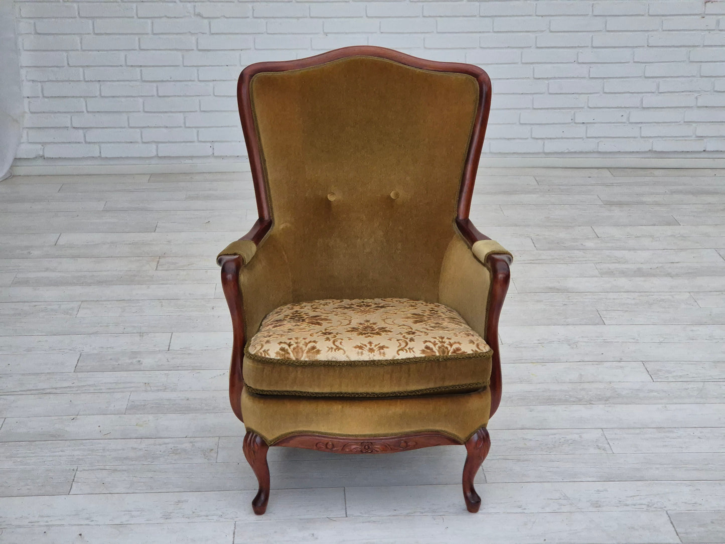 1950s, Danish highback armchair, original upholstery, green velour.