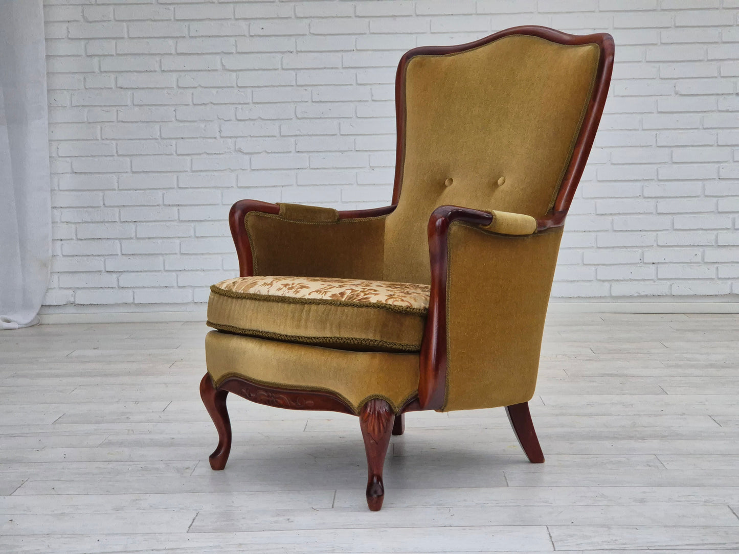 1950s, Danish highback armchair, original upholstery, green velour.