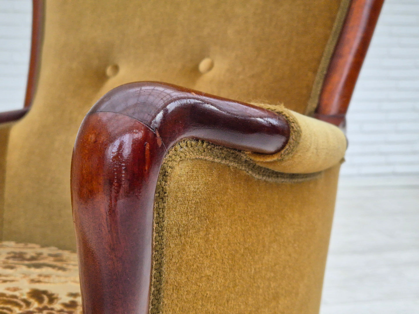 1950s, Danish highback armchair, original upholstery, green velour.