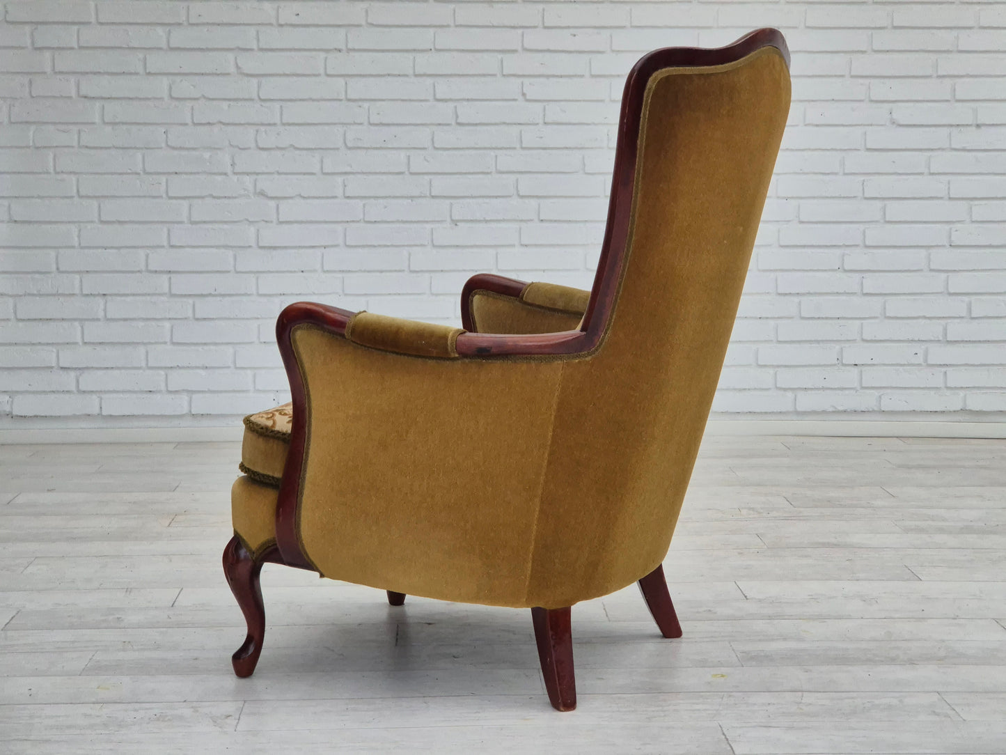 1950s, Danish highback armchair, original upholstery, green velour.