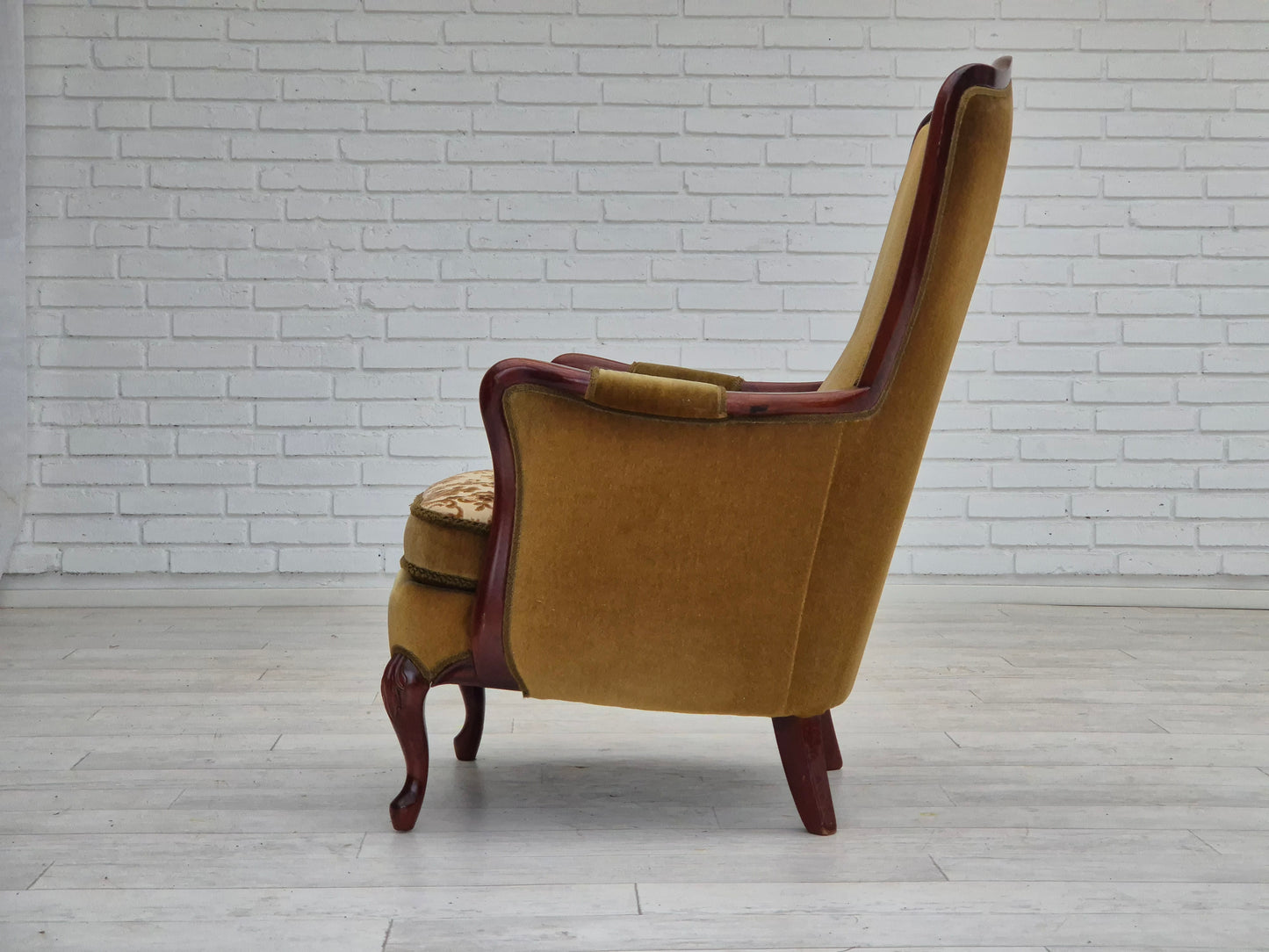 1950s, Danish highback armchair, original upholstery, green velour.