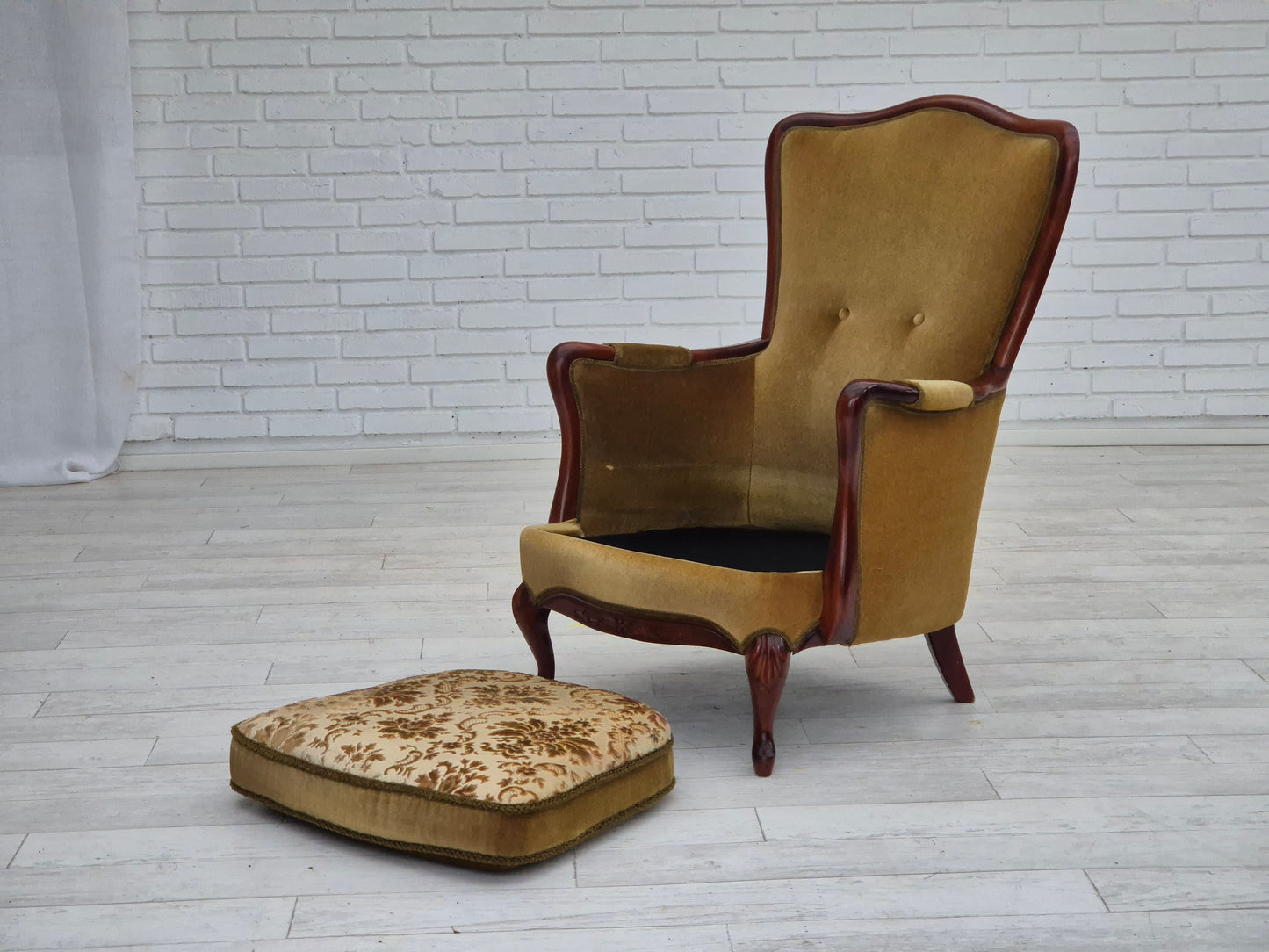 1950s, Danish highback armchair, original upholstery, green velour.