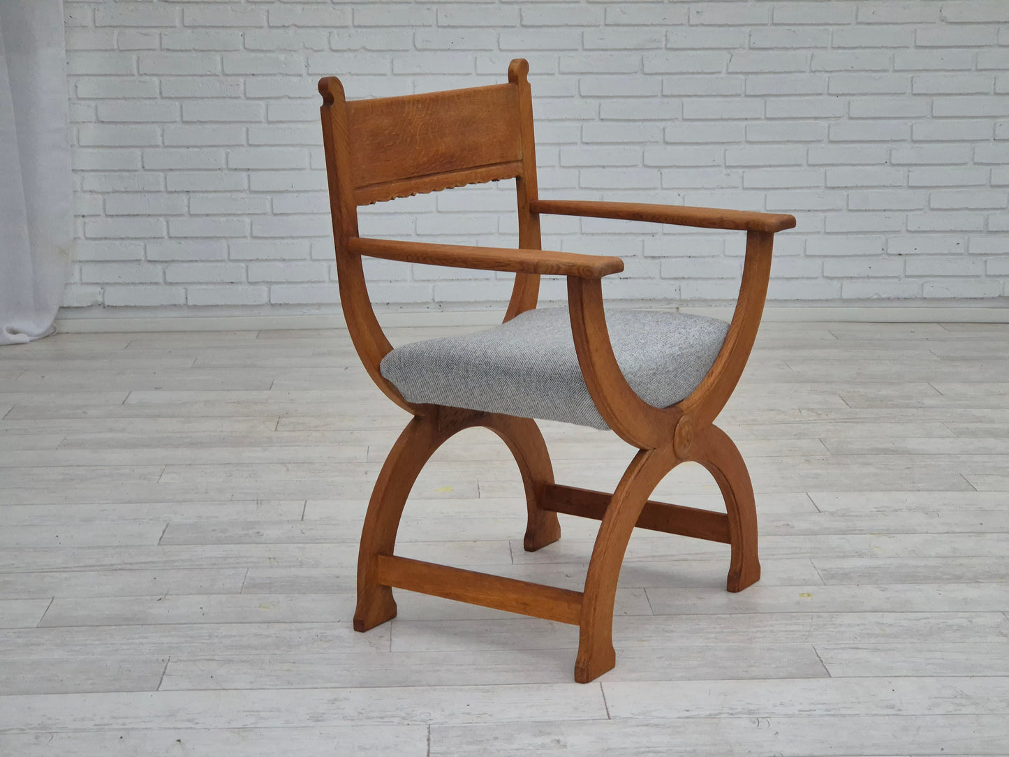 1960s, Danish armchair in solid oak wood, reupholstered, KVADRAT furniture wool.