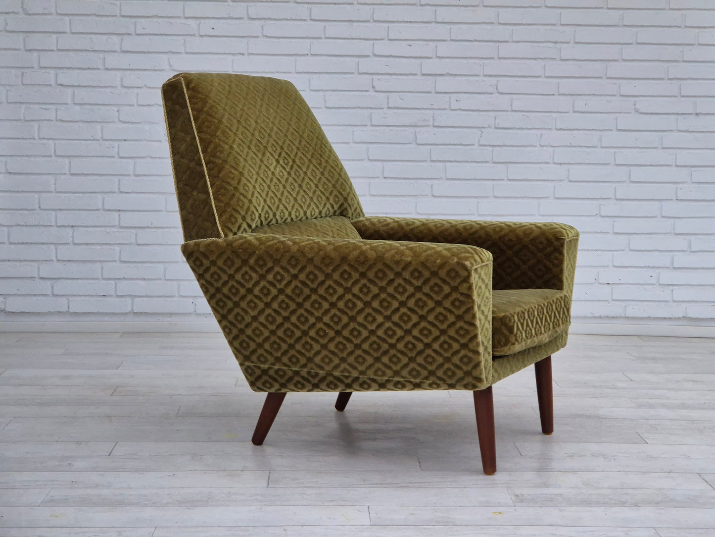 1970s, Danish highback armchair by Georg Thams, original upholstery, green velour, teak wood.