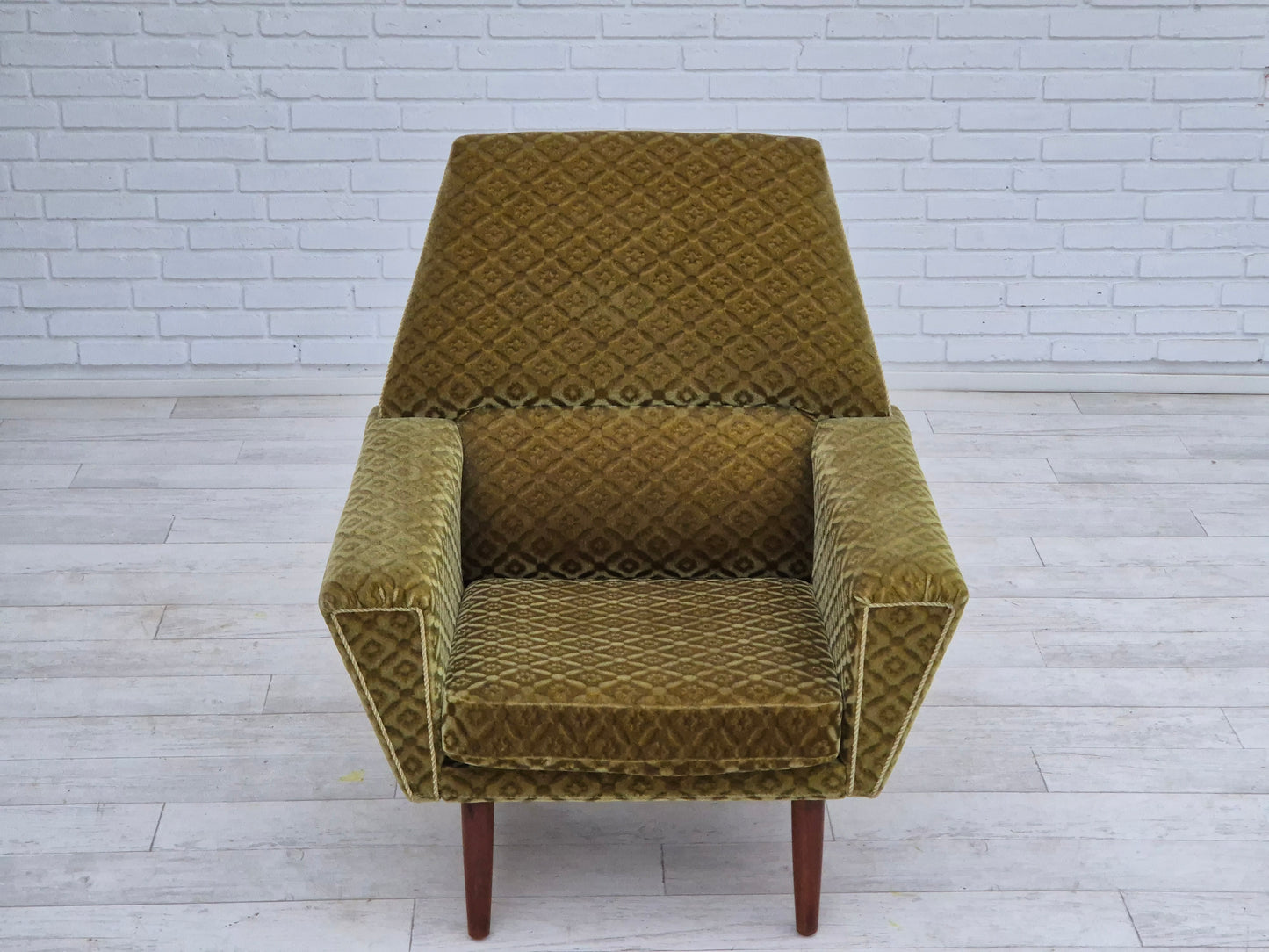 1970s, Danish highback armchair by Georg Thams, original upholstery, green velour, teak wood.