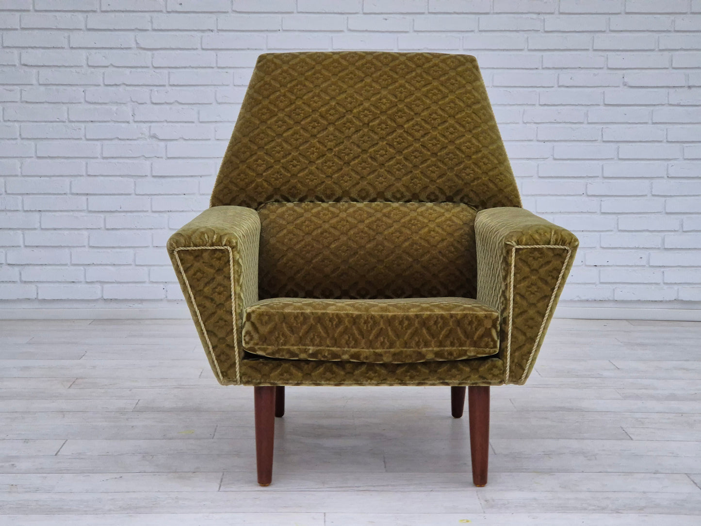 1970s, Danish highback armchair by Georg Thams, original upholstery, green velour, teak wood.