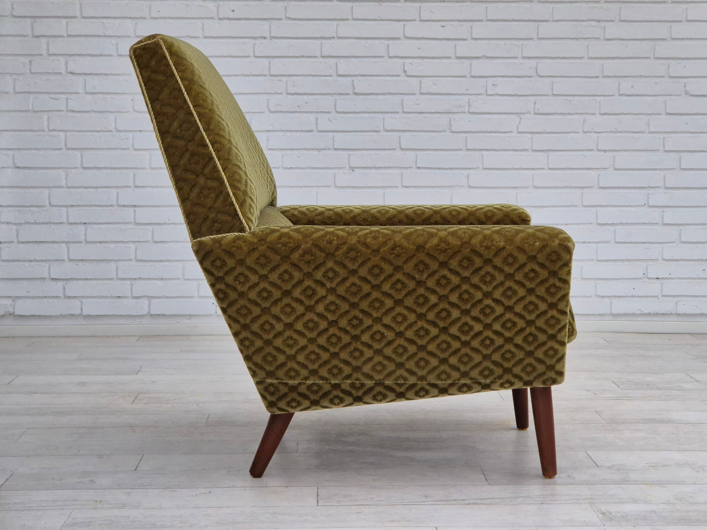 1970s, Danish highback armchair by Georg Thams, original upholstery, green velour, teak wood.